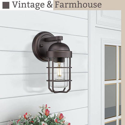 Emliviar Farmhouse Outdoor Wall Light for House Porch, Vintage Exterior Wall Lantern, Industrial Nautical Metal Cage with Clear Tempered Glass, Oil Rubbed Bronze Finish, GE255B ORB