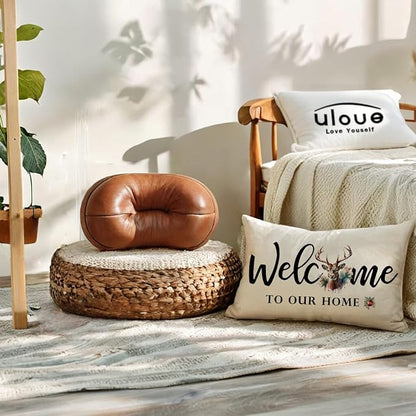Winter Welcome Throw Pillow Covers 12 x 20 Inch Farmhouse Seasonal Holiday Decorative Lumbar Pillowcases with Rustic Deer Design Cushion Covers for Front Porch Decor (Reddish Brown)