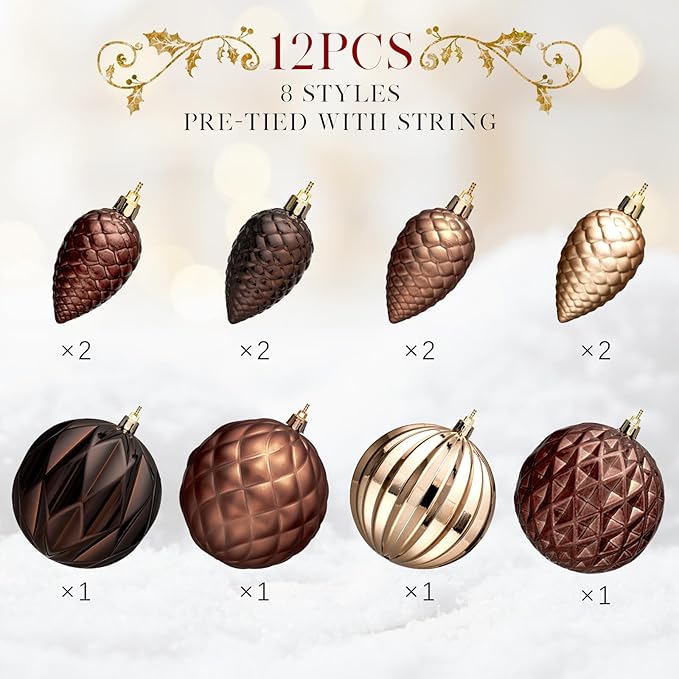 JORNOY Brown Christmas Tree Ornaments, 4inch/100mm Shatterproof Ornaments for Christmas Tree Set - Large Plastic Decorative Hanging Balls Ornaments for Xmas Tree Decorations Party, 12ct (Brown)