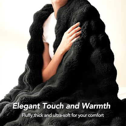 L'AGRATY Faux Rabbit Fur Blanket: 50" x 60" Luxury Soft Fluffy Thick Fur Throw Blanket for Couch Bed Sofa - Cozy Plush Bubble Blankets for Winter: Warm Flannel Fleece Decorative Blanket(Black)