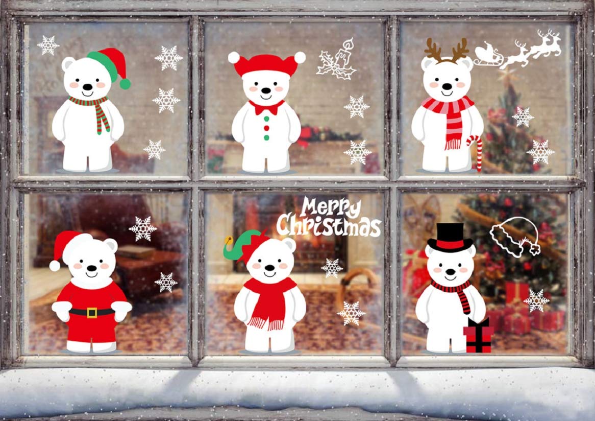 Yusongirl Christmas 6 Cute Bears Windows Stickers Decoration Snowflakes Bear Double Sided Electrostatic PVC Sticker Glass Door Fridge Showcase Window Clings Winter Holiday New Year Decals