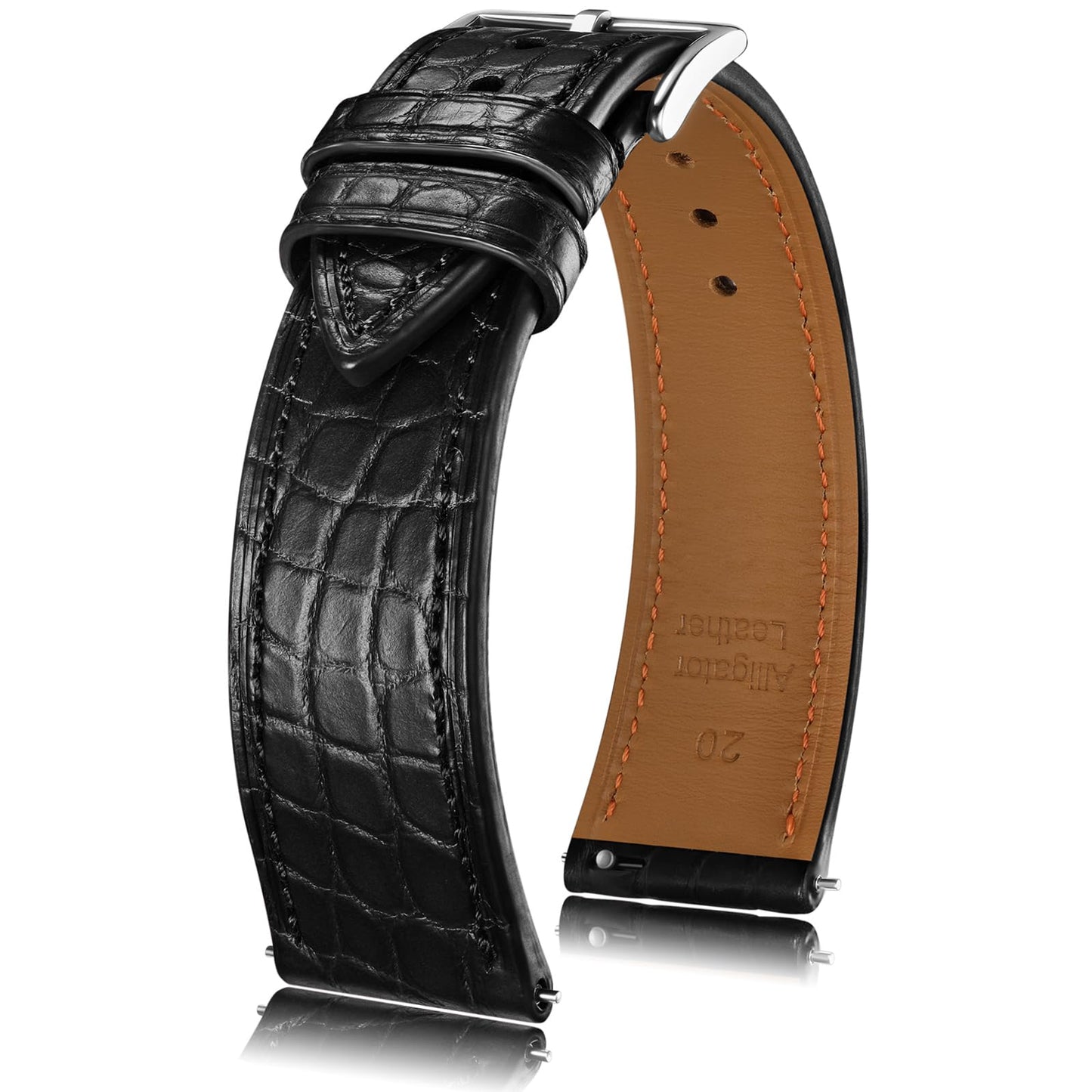 Getalia® Genuine Alligator Leather Watch Band, Crocodile Grain Strap with Quick Release,18 20 22mm Replacement Watch Strap for Men and Women（Black-Width:20mm）