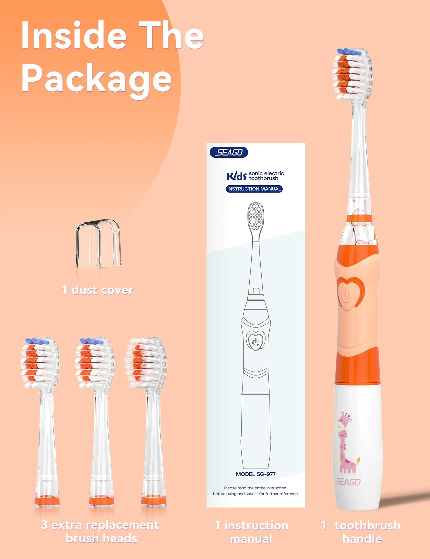 SEAGO Kids Electric Toothbrush with 2 Mins Brushing Timer and 4 Replacement Bursh Heads, Rainbow LED Light Make Brushing Fun, Boys Battery Powerd Toothbrush for 4-12 Years Old，SG-977 (Light Blue)