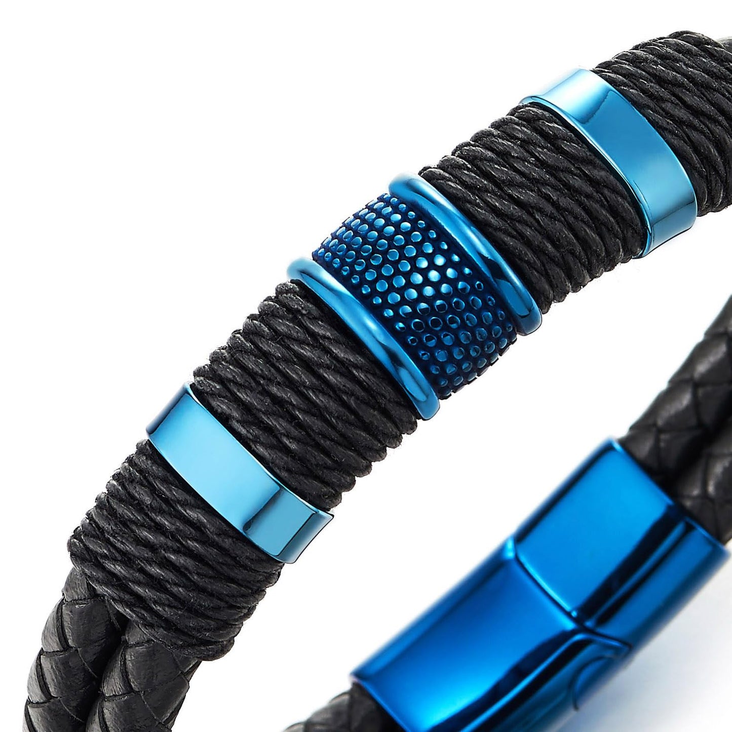 COOLSTEELANDBEYOND Men's Leather Bracelet, Black Braided Two-Row Band, Black Rope and Blue Steel Charms, Modern Stylish
