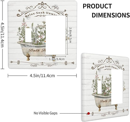 Rustic Farmhouse Wooden Board Botanical Flower 2 Gang Combination Light Switch Cover Decorative Toggle Rocker/Decora Wall Plate Electrical Faceplate for Bathroom Kitchen Home Decor