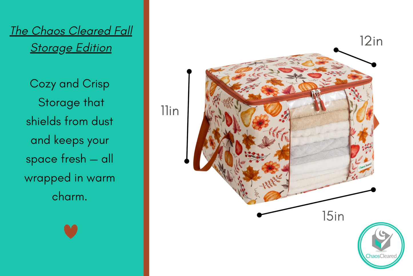 Chaos Cleared Canvas Storage Bags Designer Organizer 2 Pack – Seasonal Storage for Sweaters, Blankets, Linens & Garments – Foldable Design with Zip & Window (Autumn Print)