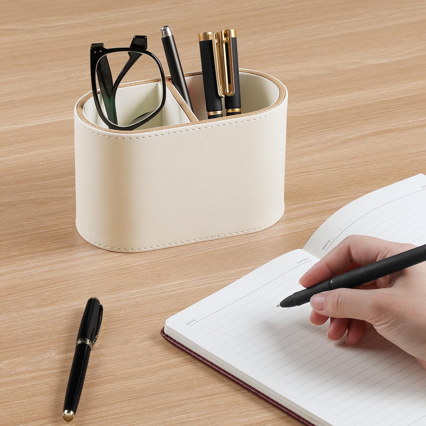 MEIBOOCH PU Leather Pen Holder for Desk, Small Remote Control Holder Pencil Cup Multifunctional Desktop Organizer Caddy for Home School Office Desk Accessories - 2 Compartments (Beige)