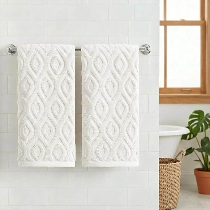 Artoid Mode 2 Pcs White 3D Diamond Grid Jacquard Hand Towels