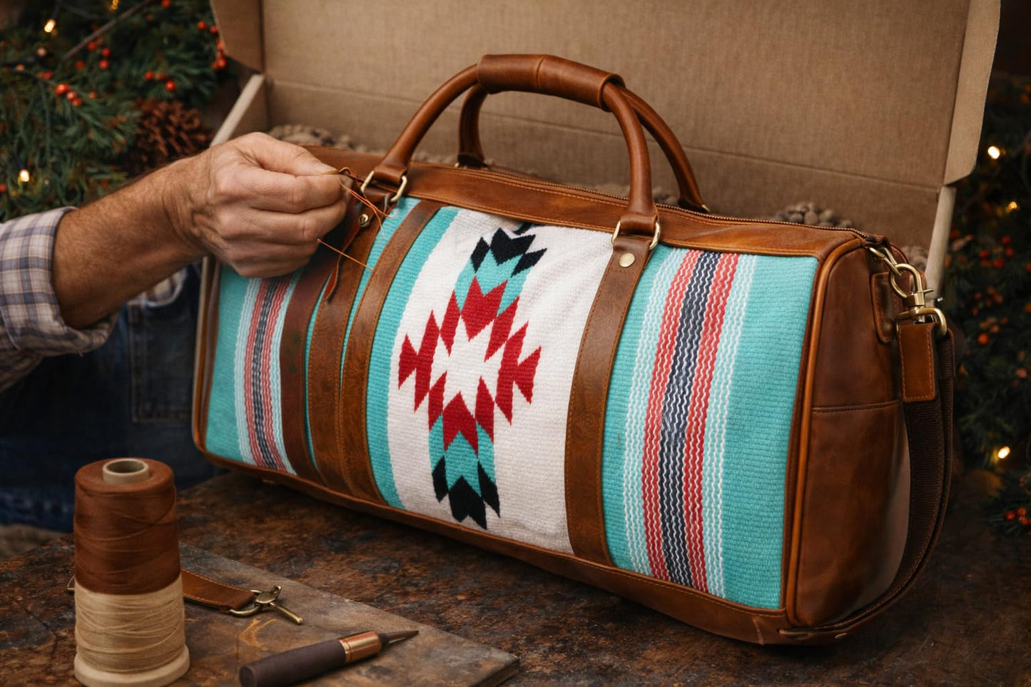 Western Leather Woven Southwest Duffle Travel Weekender Carry-On Bag 103RT22