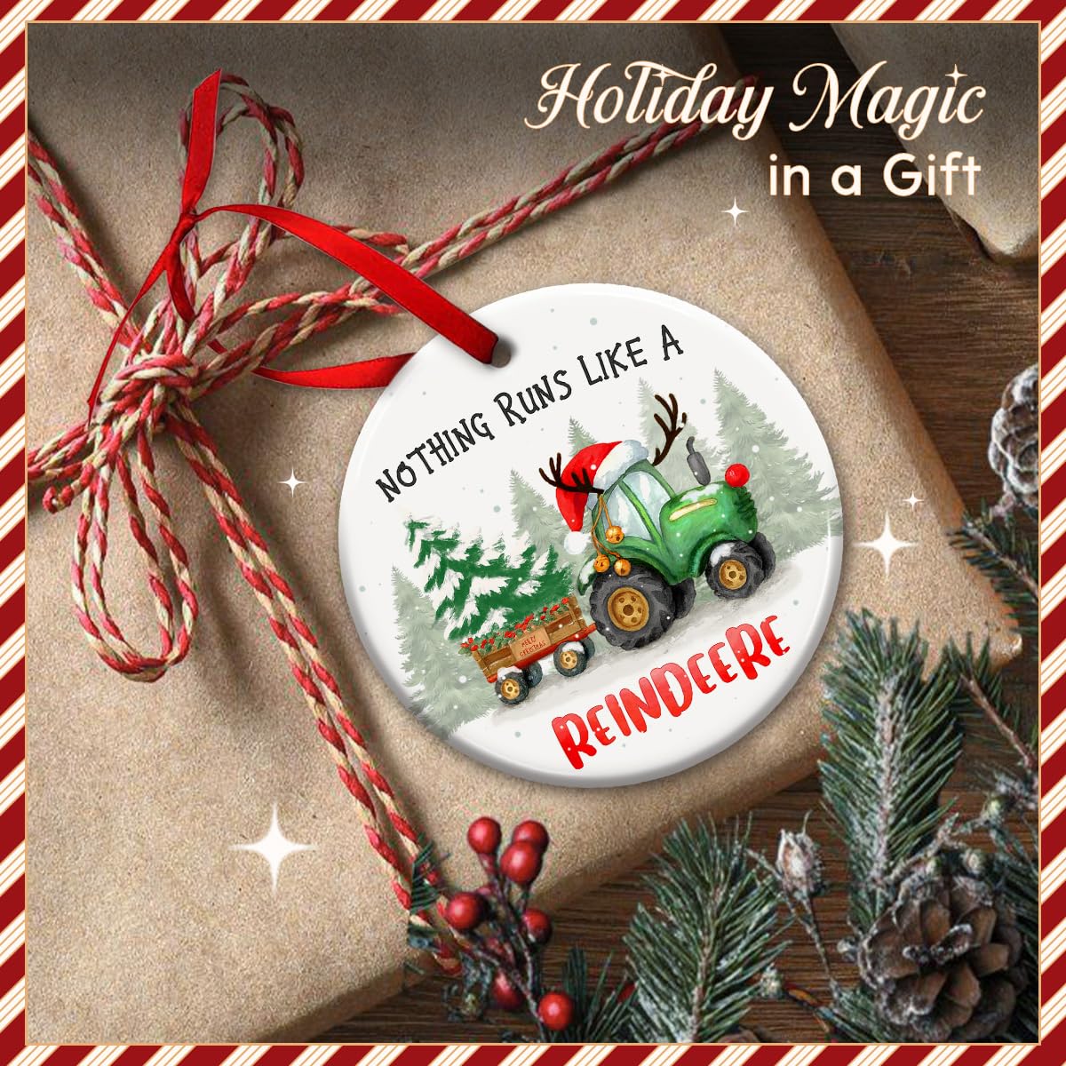KILYHOME Funny Tractor Reindeer Christmas Ornament – “Nothing Runs Like Reindeere” Farmhouse Rustic Holiday Decor, Keepsakes & Gifts for Deer Lovers – Christmas Tree Decoration, Xmas Gift for Farmers