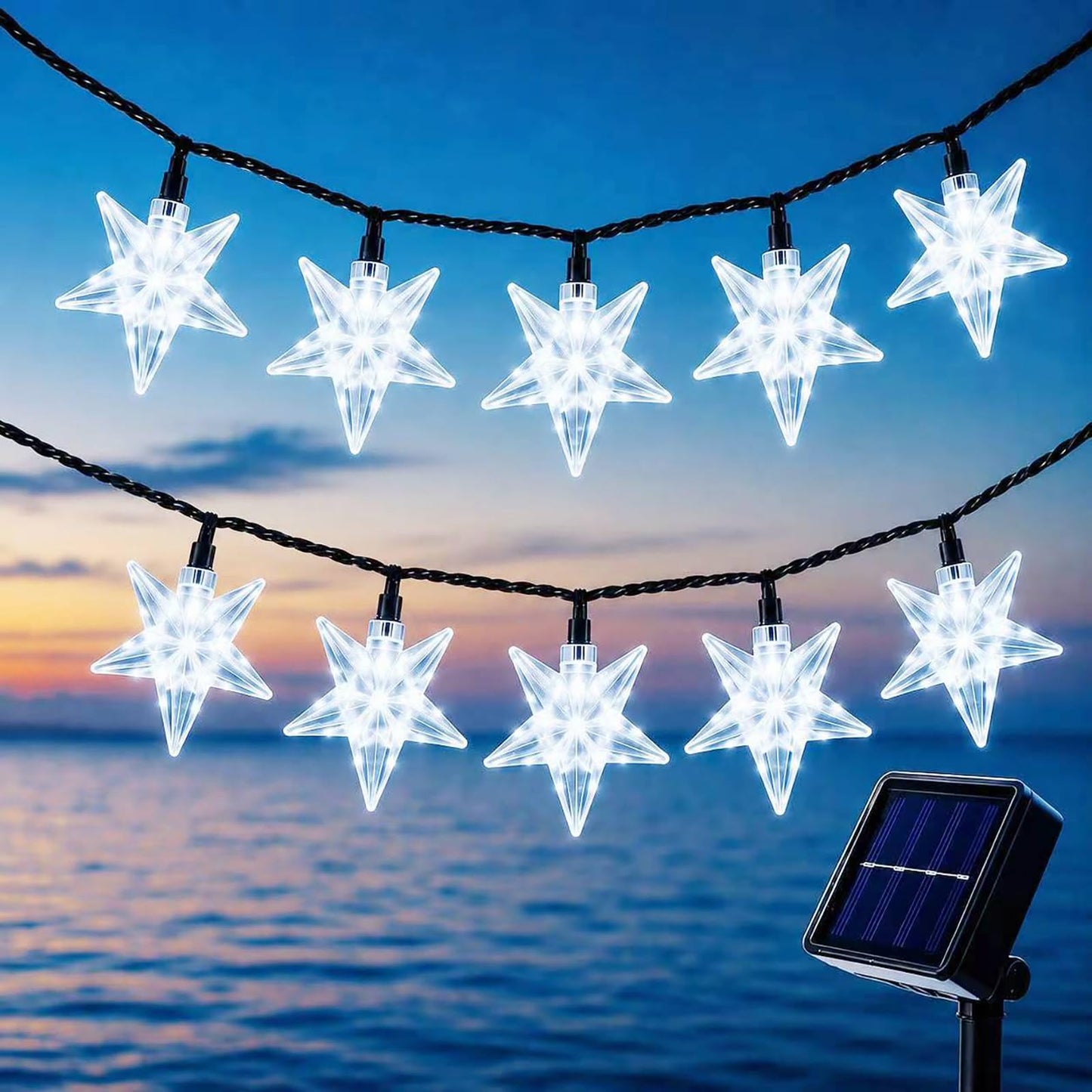 Solar Star Lights Outdoor - 50 LED Solar Powered Lights Outdoor Waterproof, 30.68ft Solar Star for Outside, White Twinkle Fairy String for Garden Fence Yard Decorations, 8 Modes
