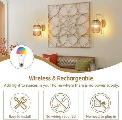 Vintage Gold Wireless Wall Sconces Battery Operated, Rechargeable Wall Lights Set of 2 with Amber Stripe Glass Shade, Remote and Bulb, Cordless Sconces Wall Decor for Bedroom Living Room