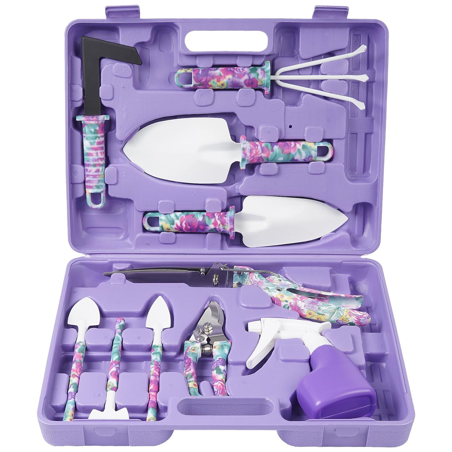 Gardening Tools, LEKEONE 10 Pieces Garden Tools with Floral Print, Ergonomic Handle Trowel Rake Weeder Pruner Shears Sprayer,Gardening Supplies with Carrying Case Gifts for Women