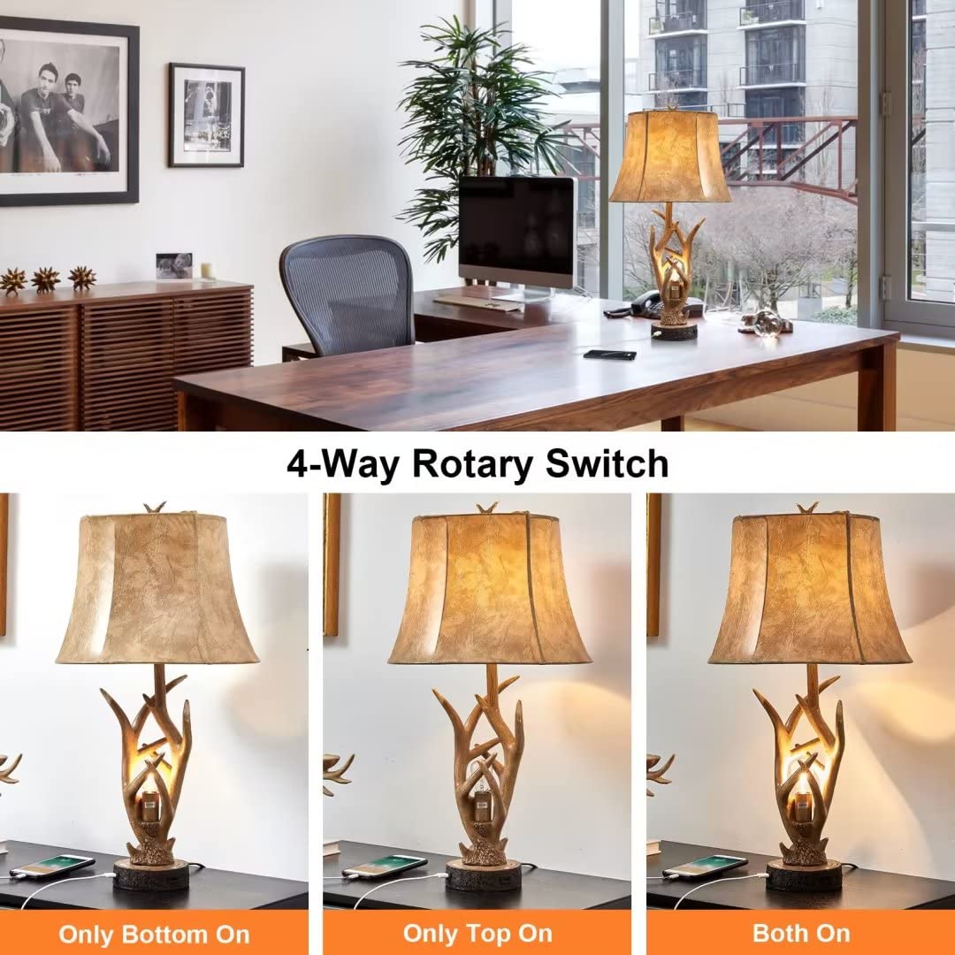 Dungoo Rustic Western Deer Table Lamps with Nightlight Set of 2, 26" Rustic Bedside Lamps for Bedroom with 2 USB Ports, Natural Antler Table Lamp for Christmas Living Room Foyer Office