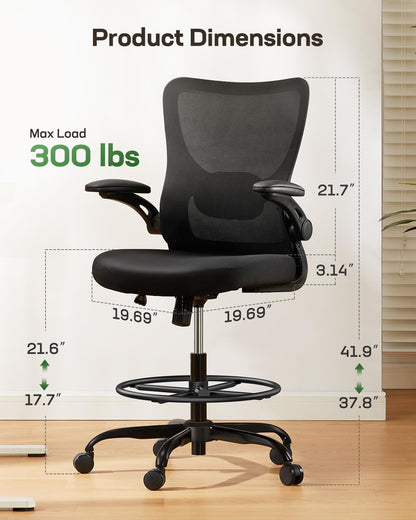Marsail Drafting Chair, Tall Office Chair with 2D Lumbar Support, Standing Desk Chair,High Office Chair with Padded Flip-Up Armrests & Adjustable Footrest Ring, Dark