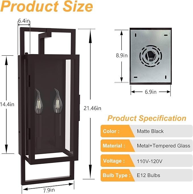 𝟐𝟏.𝟒𝟔𝐈𝐍 Oil Rubbed Bronze Outdoor Wall Sconce, Large Exterior Lighting Fixtures 2-Light, Waterproof Dusk to Dawn Outdoor Wall Light, Modern Outside Sconce Lights for Porch Garage