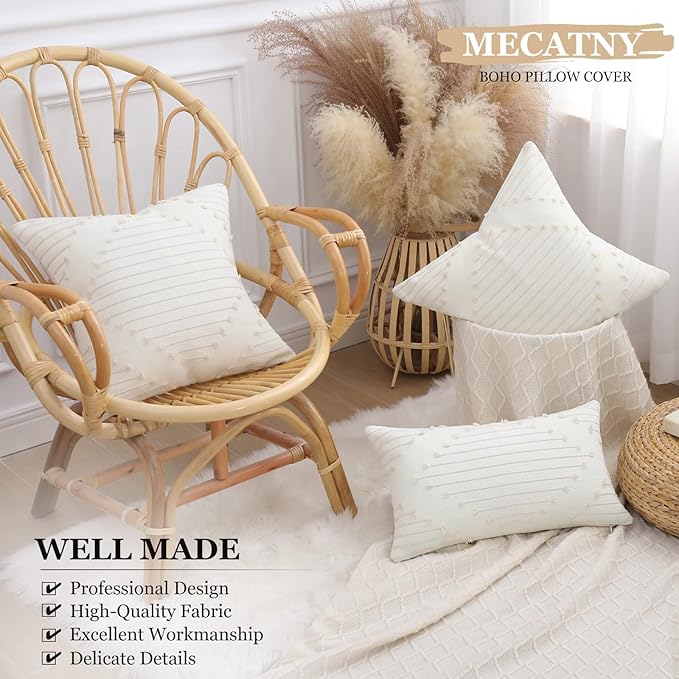 Mecatny Boho Outdoor Throw Pillow Covers 12X20 Set of 2, Farmhouse Lumbar Pillow Covers for Couch Sofa Living Room, Beige & Cream White