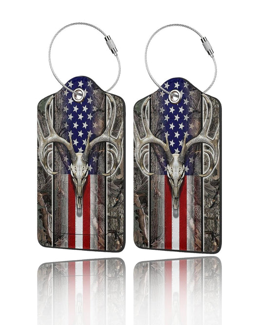 GACCAP 2 Pack Luggage Tags for Suitcase, Privacy Cover ID Label with Stainless Steel and Address Card for Travel Bag Backpack Cruise Ship Tag Women Men - Camo Deer Skull Americang Flag Camouflage