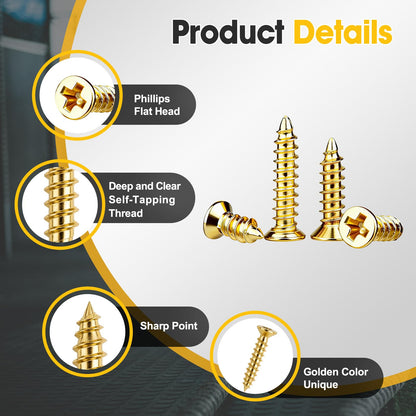 1200 Pcs Small Self Tapping Screws for Plastic and Metal, M2,M2.5,M3 Phillips Flat Head Small Screws,Golden Carbon Steel Tiny Screws Assortment Kit for Woodworking,DIY