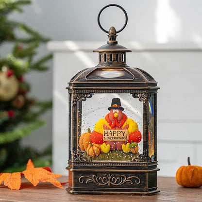 Fall Snow Globe Lantern - Thanksgiving Glittering Lighted Water Lantern, Fall Decorations Autumn Harvest Day Gifts, Table Home Fall Xmas Decor (Turkey & Pumpkins)