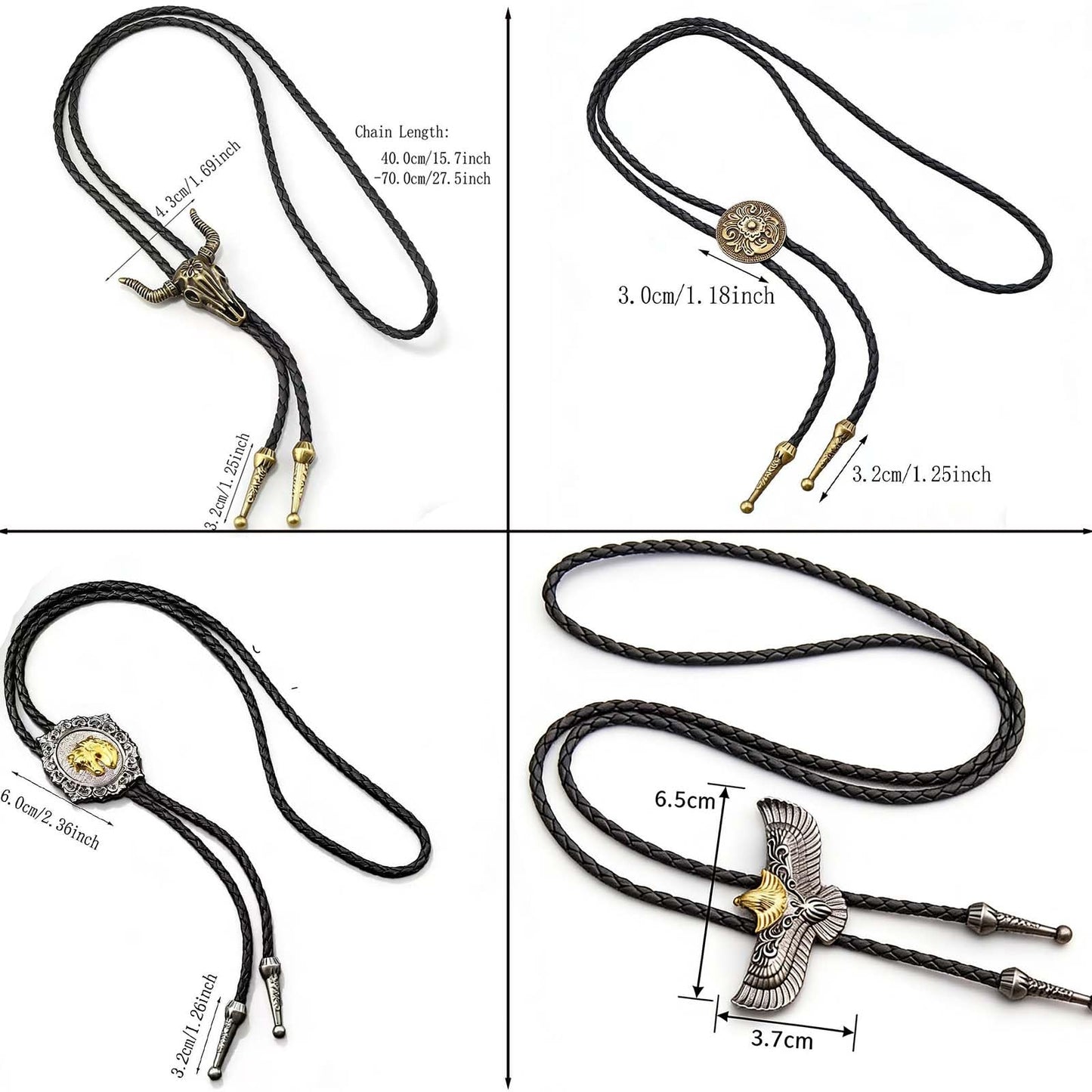 Daoofukeji 4Pcs Western Cowboy Bolo Tie for Men - Retro Engraved Alloy Pendant & Braided Leather Rope Necktie,Cowboy Ties Necklace Perfect for Daily Wear, Cosplay, Party, and Holiday Gifts