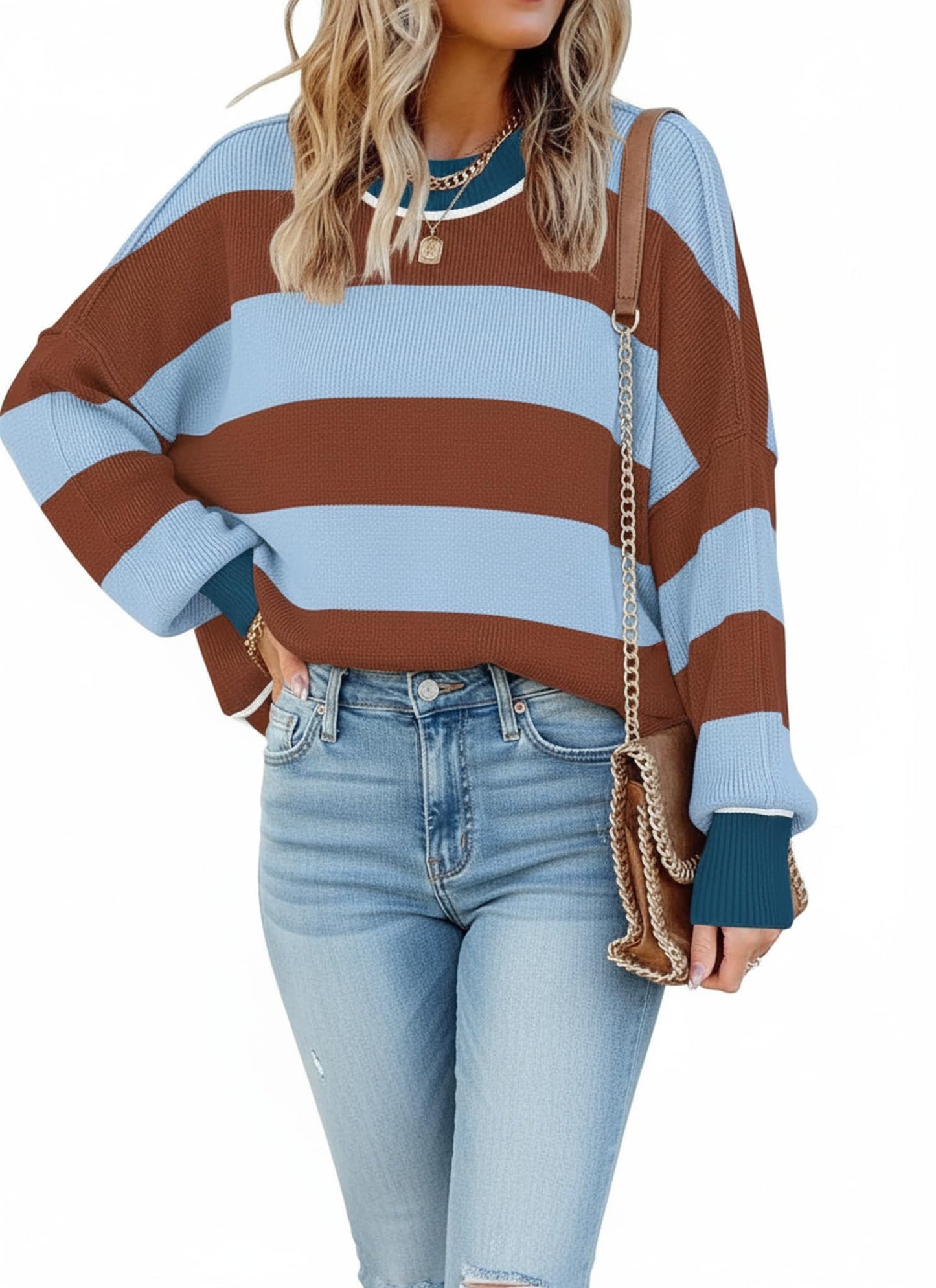 ETCYY Womens Oversized Sweaters Fall 2025 Fashion Clothes Trendy Batwing Sleeve Colorblock Striped Knit Pullover Tops