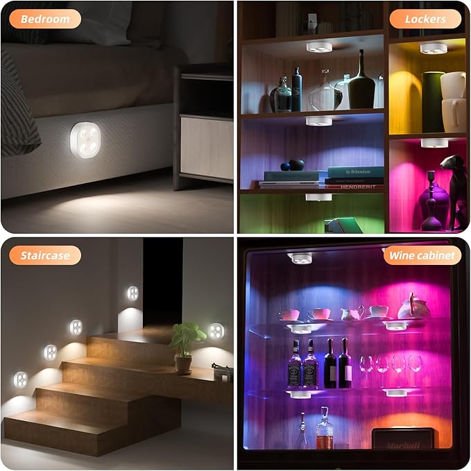 3PCS Motion Sensor Step Light, Wireless Rechargeable Puck Lights with Remote, Under Cabinet Lights with 3 Colors&RGB, Magnet Stick on Light for Closet, Hallway, Stairway, Bathroom, Bedroom, Kitchen