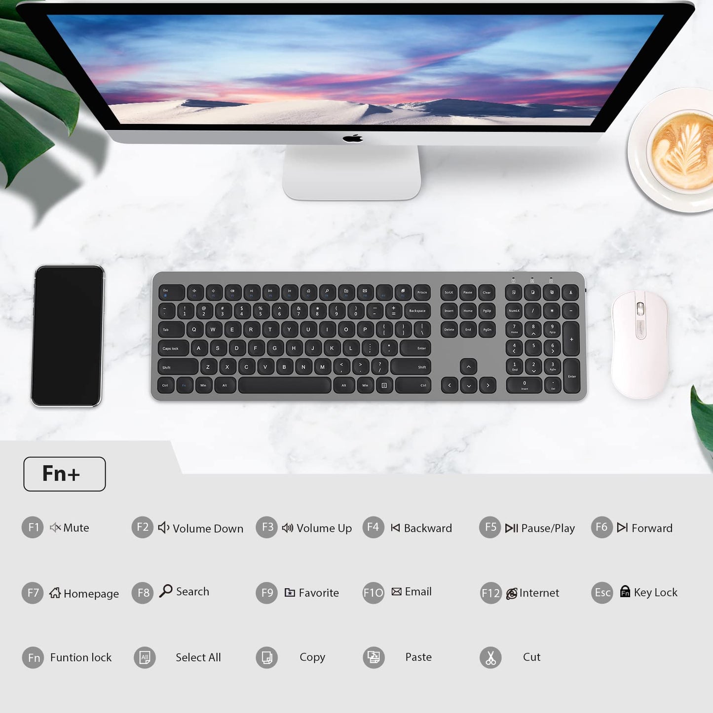 cimetech 2.4GHz Wireless Keyboard with Number Pad Full Size Design for Laptop Desktop PC Tablet, Windows iOS Android - Grey