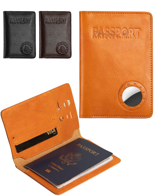 Passport Holder for Travel, Genuine Leather Passport Holder with AirTag Slot, RFID Passport Cover for Airport Essentials, Travel Wallet, Travel Must Haves Gifts