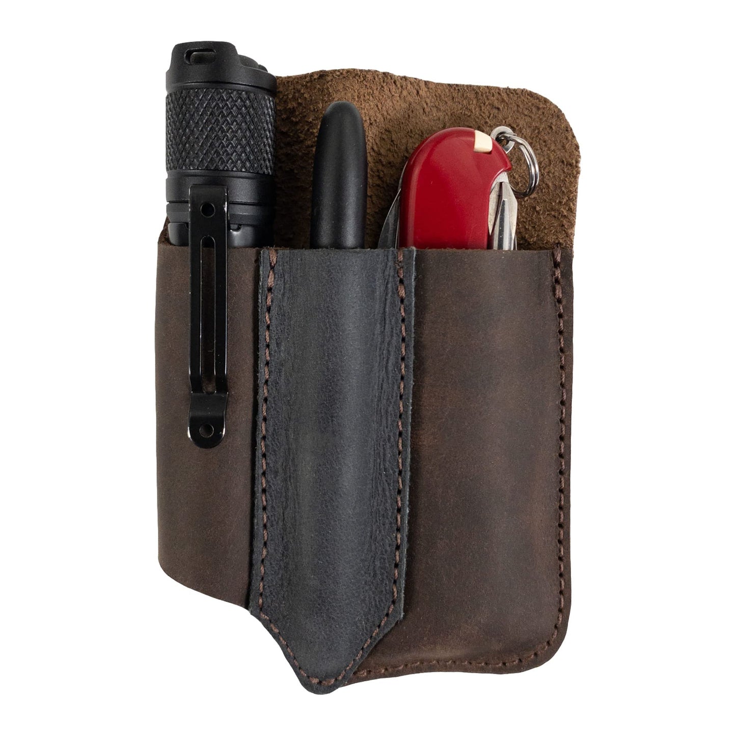 Valhalla Gear, EDC Tool Holster, Rustic Sleeve for Tools, Pocket Case, Full Grain Leather, Handmade, (Bourbon Brown/Charcoal Black)