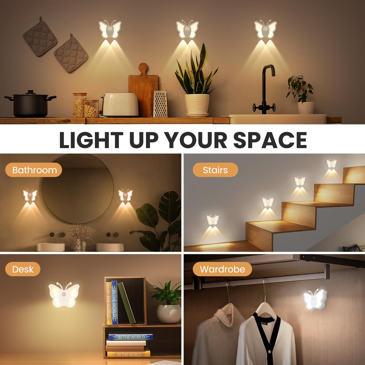 LOFTEK Motion Sensor Night Light, Rechargeable Stair Lights, Wireless with Magnetic Stick on Wall Light for Hallway, Bathroom, Bedroom, Kitchen, Portable for Outdoor Camping, Warm White, 4 Pack