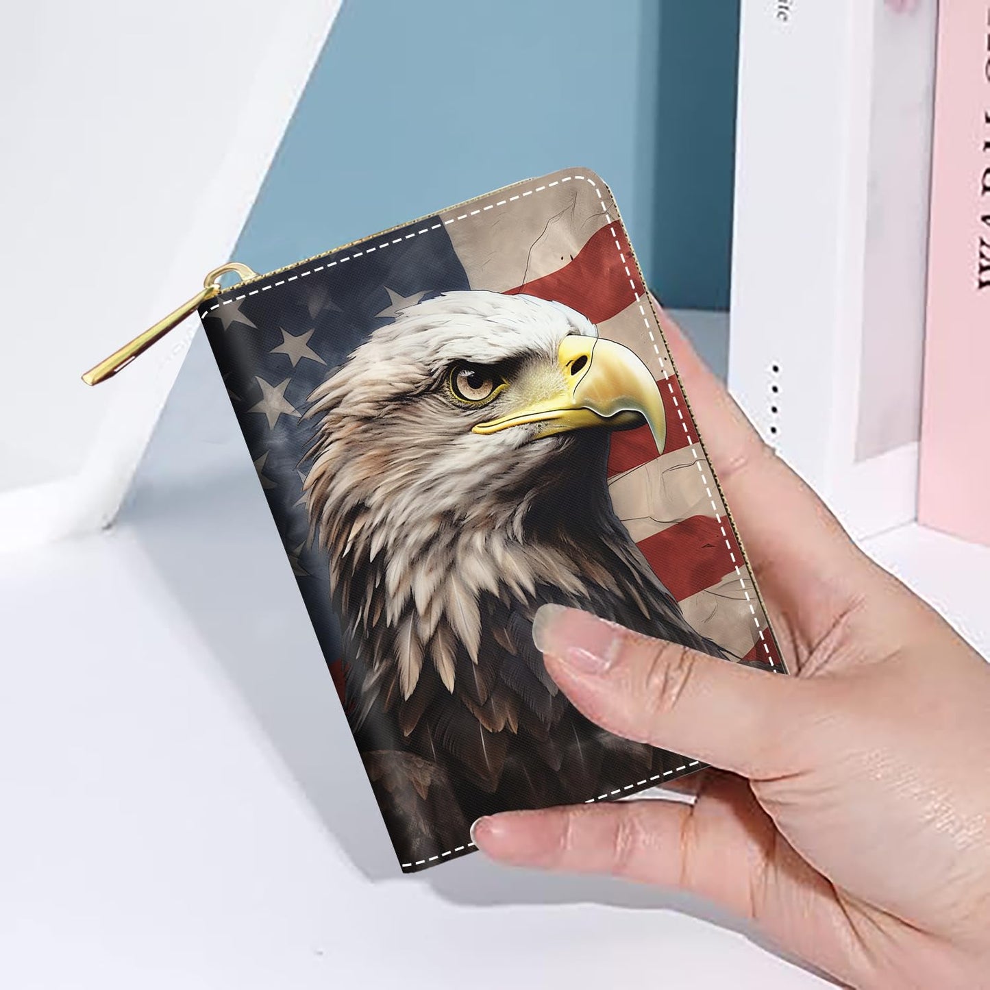 TBXOSTN Small Credit Card Holder Wallets for Women, RFID Blocking Slim Leather Card Case Wallet with Zipper Accordion Wallets, Patriotic American Flag Bald Eagle