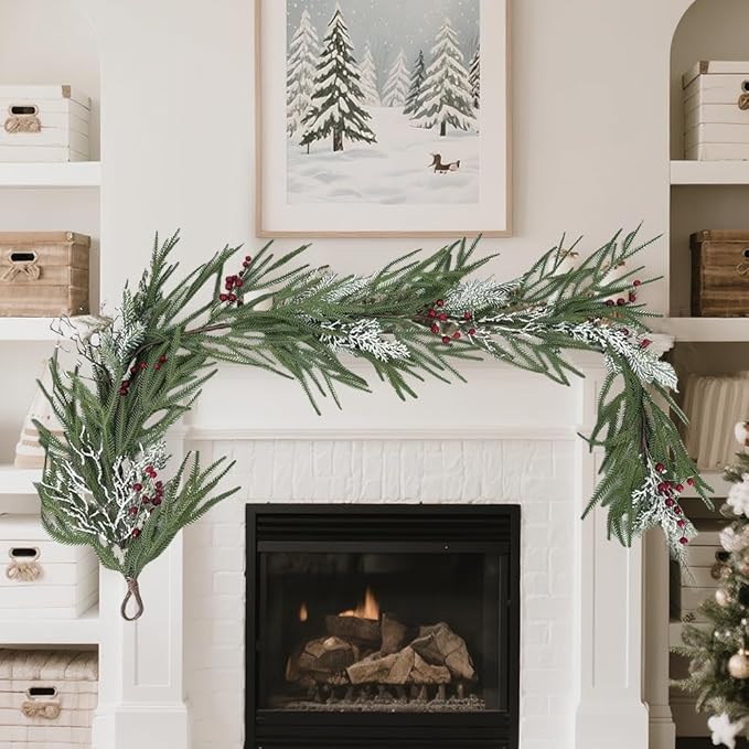 6FT Christmas Garland with Berries - Snow Dusted Pine Garland for Staircase Mantel Doorway, Christmas Decorations Holiday Indoor Outdoor Winter Garland