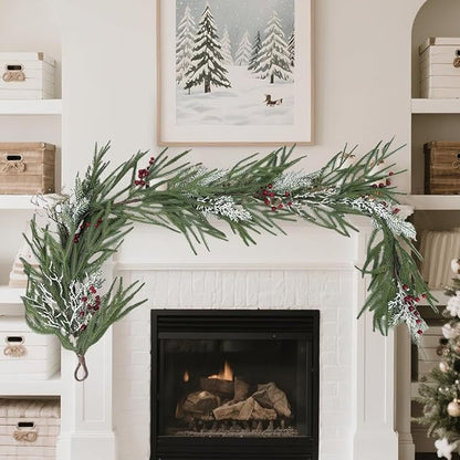 6FT Christmas Garland with Berries - Snow Dusted Pine Garland for Staircase Mantel Doorway, Christmas Decorations Holiday Indoor Outdoor Winter Garland