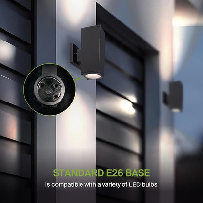 ASD 2 Light Square Outdoor Wall Light Fixture | 120W E26 Socket 120V ETL Cylinder Up Down Lights | LED/CFL/Incandescent Bulb Exterior Wall Sconce | Front Door, Porch, Patio | Bronze