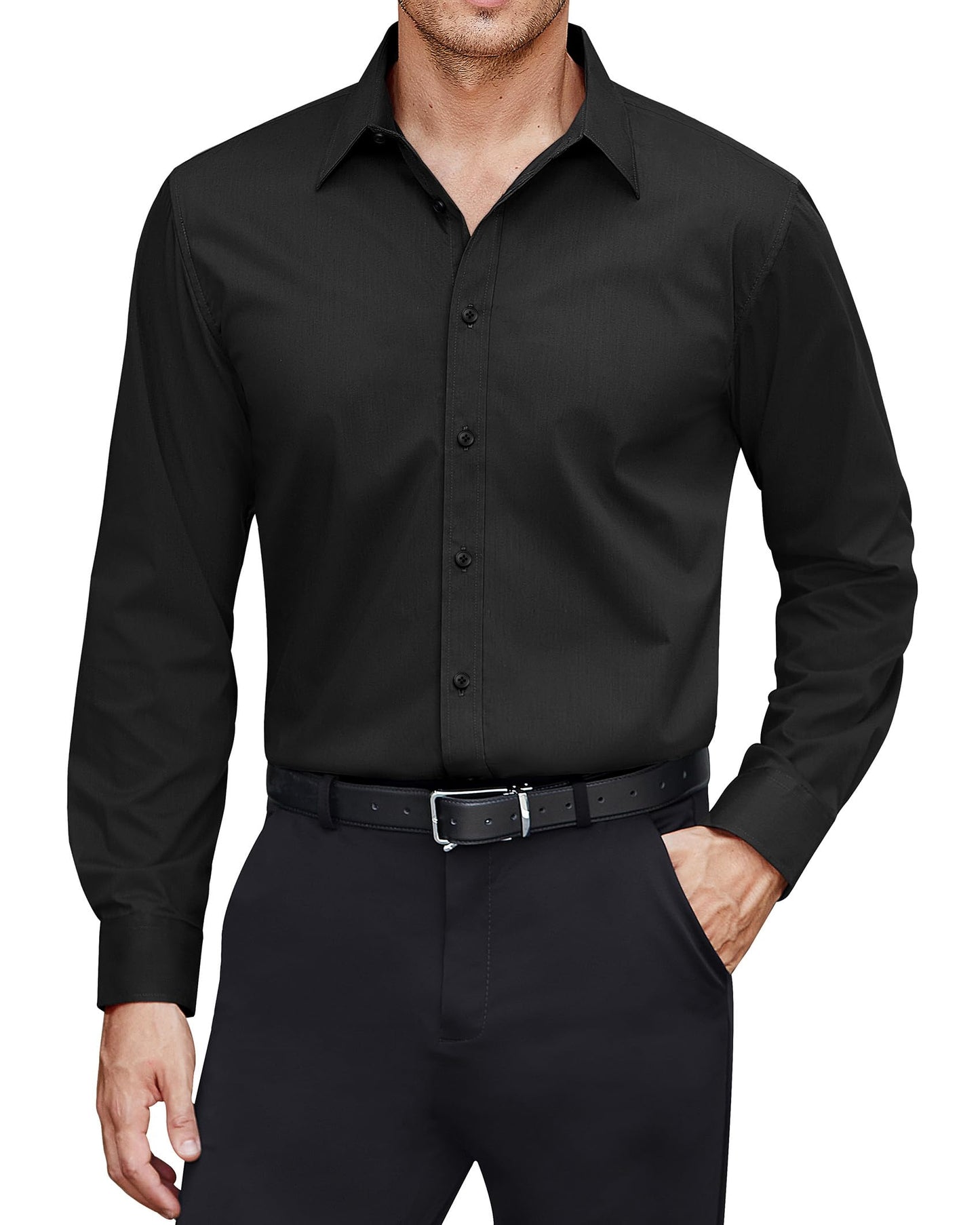 J.VER Men's Dress Shirts Cotton Stretch Long Sleeve Solid Formal Shirt Business Stain Shield Casual Button Down Shirts Black Small