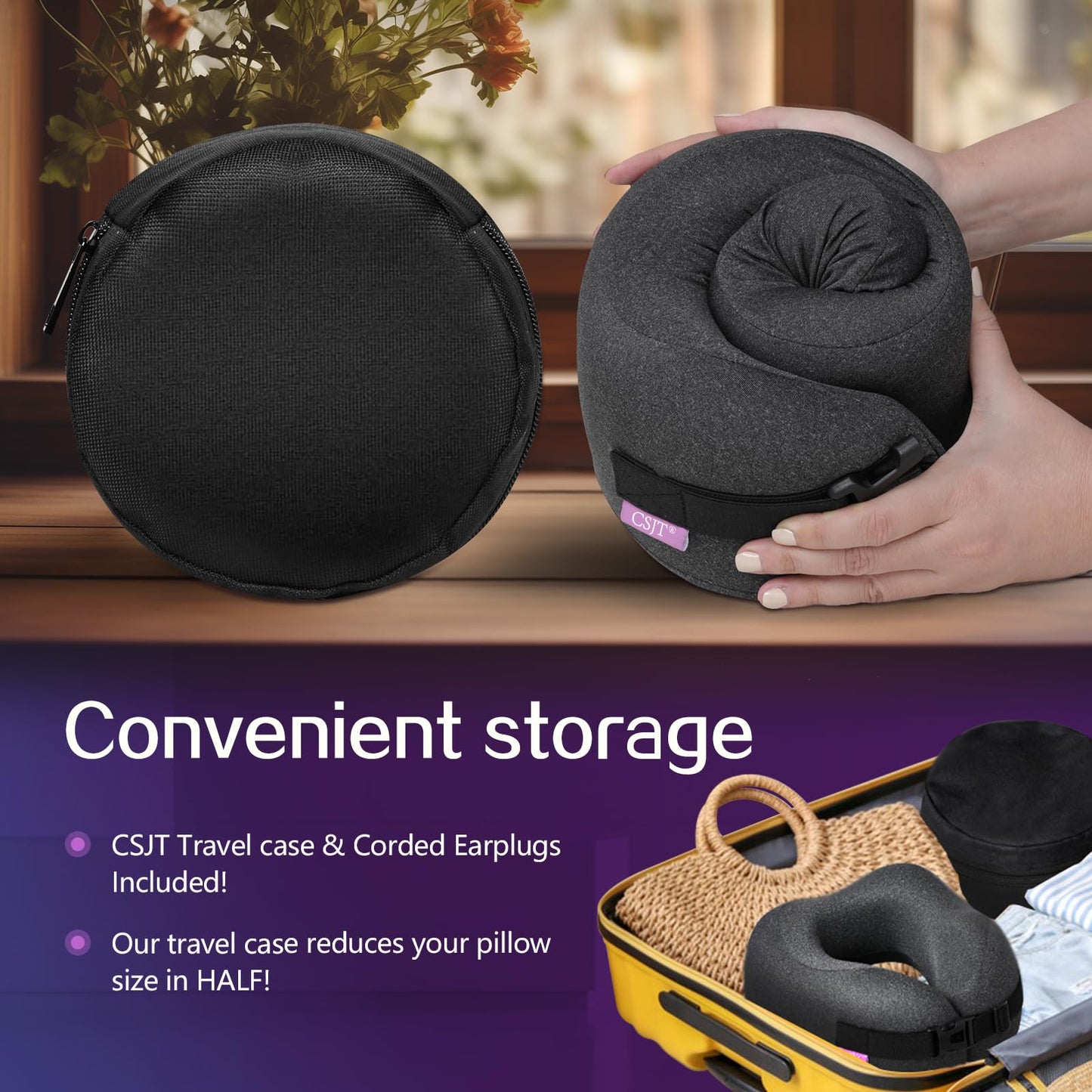 Travel Pillow Vac Compressed Memory Foam Neck Pillow Airplane,Comfortable,Neck Support,Machine Washable,Airplanes Travel Essentials Accessories for Office,Flight,Cars Breaks Sleeping(Black)