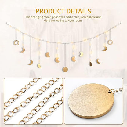 Moon Phase Wall Decor with LED String Light, 13 Gold Wood Boho Wall Hanging Decor Mood Garland 56'' - Celestial Phases Moon Decoration in Bohemian Style for Bedroom Home Living Room Fall Art Gifts