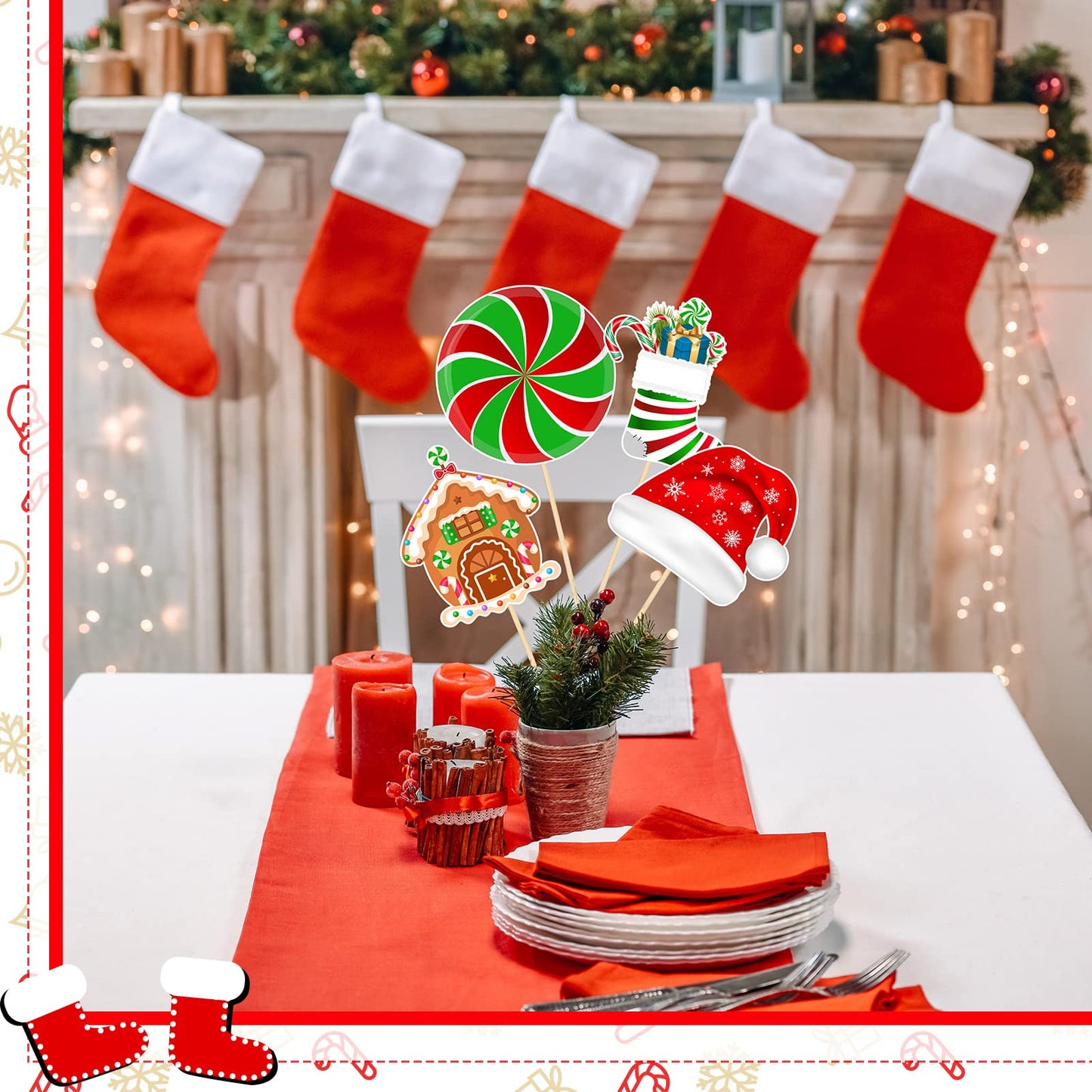 24 Pieces Christmas Picks Snowman Santa Hat Lollipop Gingerbread Christmas Stocking Farm House Cutout on Sticks Vase Filler Crafts Tree Ornament Wreath Holiday Decorations for Christmas Party