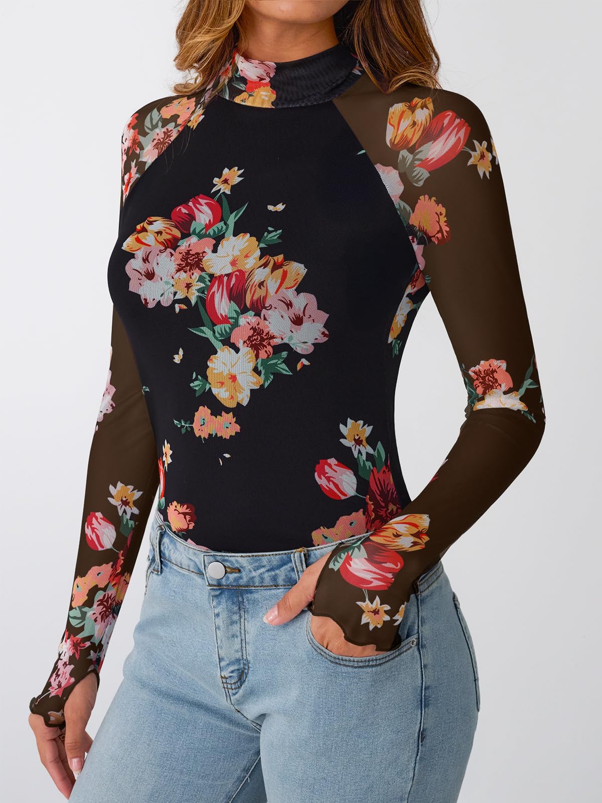 Dealmore Lace Sheer Long Sleeve Floral Mesh Mockneck Trendy Cute Going Out Tops for Women Fall Fashion Outfits 2025 Clothes