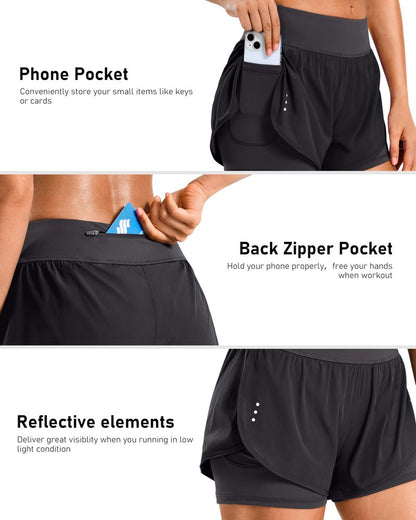 Soothfeel Women's 2 in 1 Running Shorts Workout Athletic Gym Yoga Shorts for Women with Phone Pockets Dark Grey