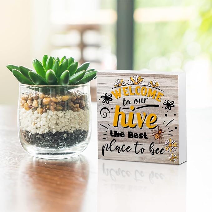 Inspirational Bee Decorations Wooden Box Sign, Bee Decor Welcome Sign, Spring Summer Rustic Farmhouse Home Living Room Bedroom Desk Table Shelf Cubicle Decor Decorations, Wood Block Plaque
