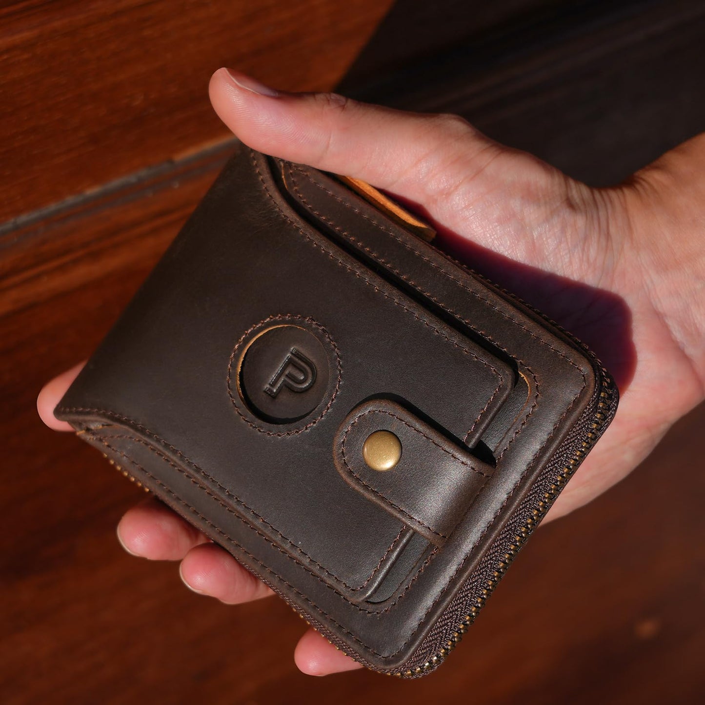 Polare Full Grain Leather Wallet for Men Bifold RFID Blocking Cash Credit Card Case with Air Tag Slot and YKK Zip Coin Pocket (Dark Brown with AirTag Slot)