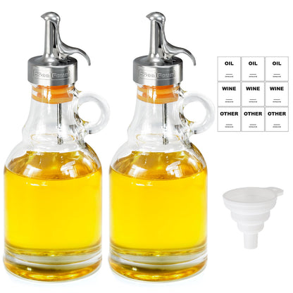 Olive Oil Dispenser Bottle,Glass Oil Dispenser with Stainless Steel Spouts,Oil Bottles for Kitchen, Oil Dispenser Bottle with Drip Free Spouts (2pcs) 12 oz