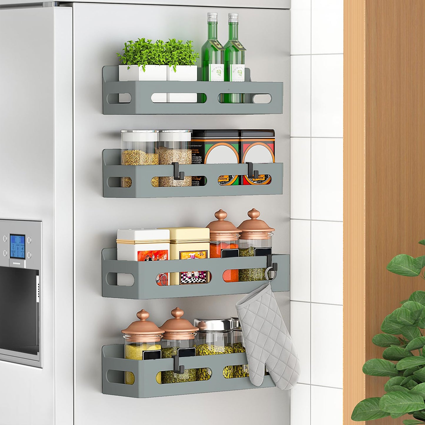 4 Pack Magnetic Spice Rack for Refrigerator, Spice Rack Organizer, Moveable Magnetic Shelf Fridge Organizer with 4 Hooks for Kitchen and Oven Organization, Black