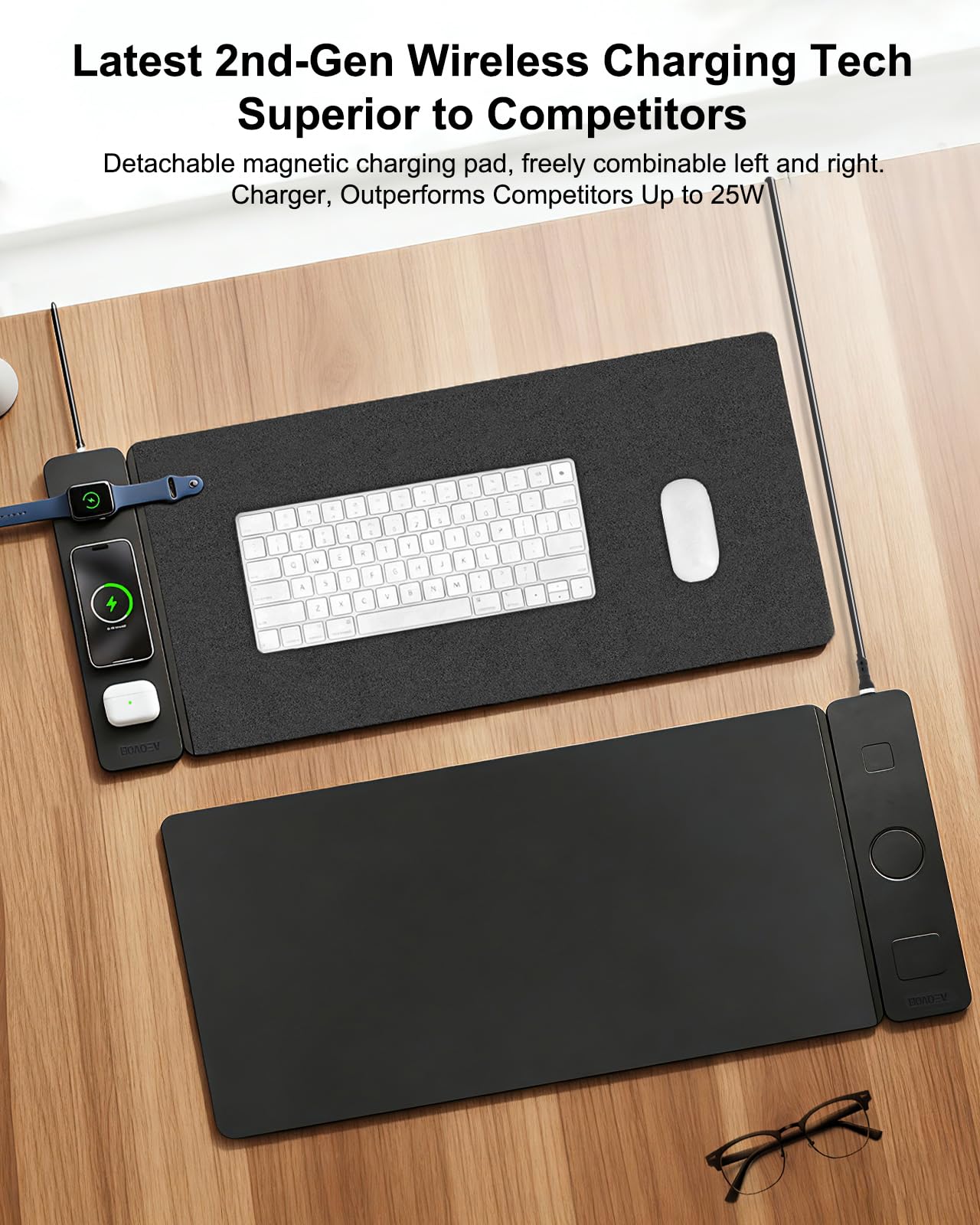 Wireless Charging Mouse Pad with 2nd Gen Tech, 3-in-1 25W Fast Charger, Replaceable Rubber & Microfiber Leather Desk Mat, Large Waterproof Desk Pad for Office & Gaming(Leather Mat& Coasters)