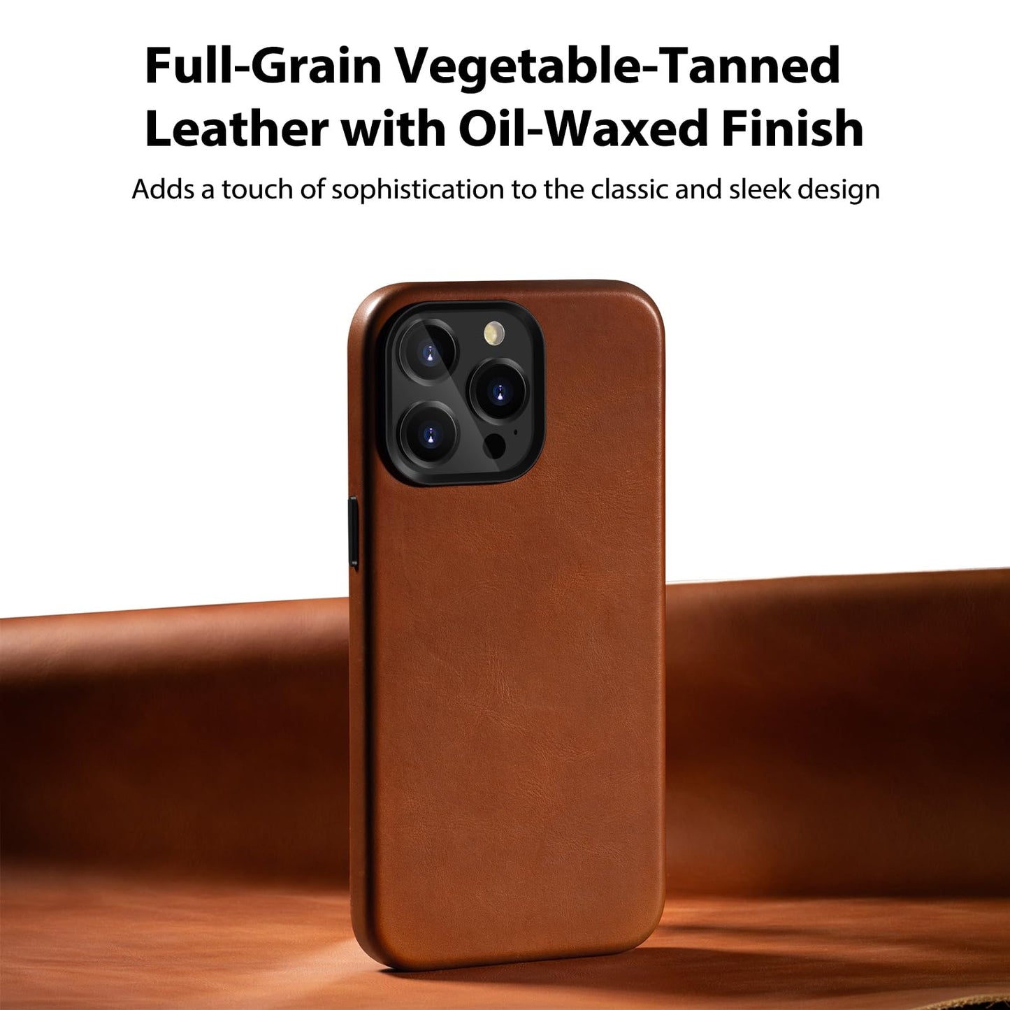 Belemay for iPhone 13 Pro Max Leather Case Compatible with MagSafe, Full-Grain Vegetable-Tanned Leather, Metal Buttons & Camera Bezel - Slim Fit&Sleek- Luxury Phone Cover (6.7-inch)-Saddle Brown