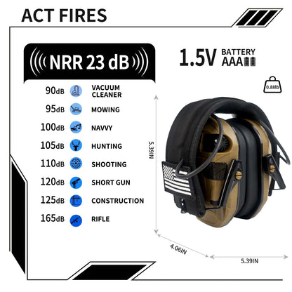 YYTDDUUU Electronic Shooting Ear Protection Earmuffs, 5X Sound Amplification Headphones with NRR 23dB Active Noise Reduction for Hunting & Gun Range（Brown）