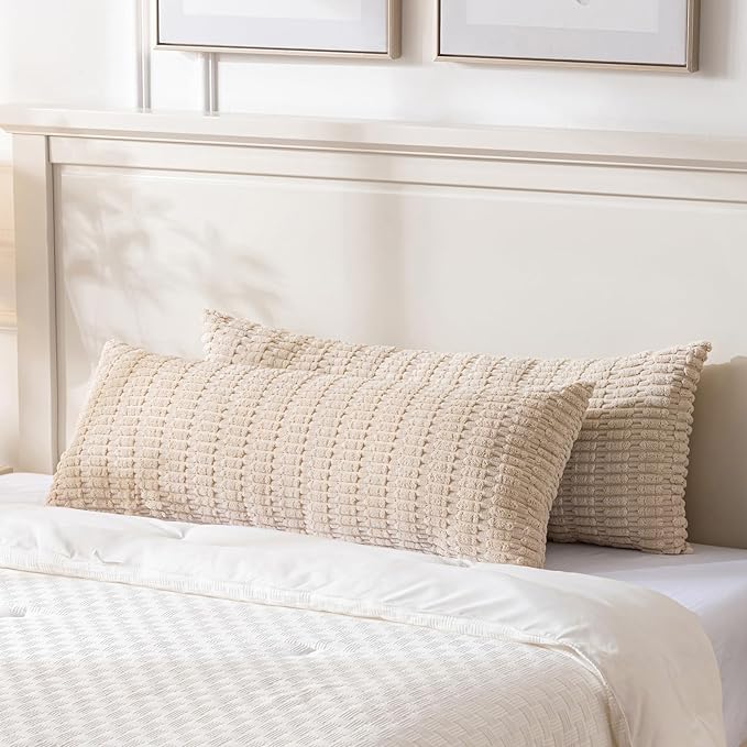 Fancy Homi Tan Long Body Lumbar Decorative Throw Pillow Cover 20x54 Inch for Bed Couch Bedroom Bench, Soft Corduroy Rectangle Solid Pillow Case 50x137 cm, Beige Rustic Farmhouse Boho Room Decor