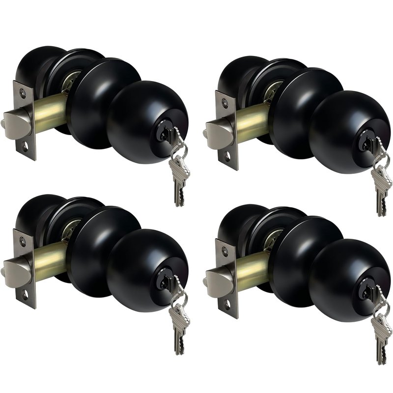 BESTTEN 4 Pack Door Knob with Lock and Key, Keyed Different Entry Door Knob, for Entrance and Front Door, Matte Black